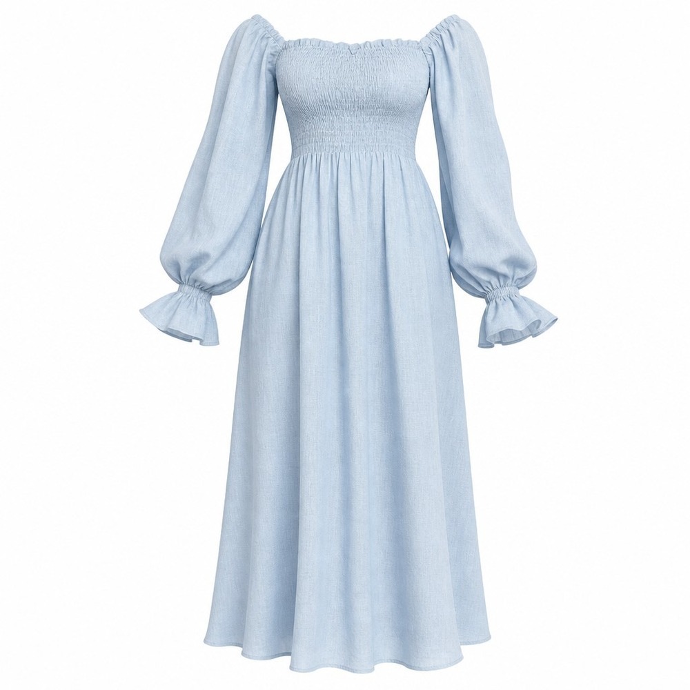Sleeper Atlanta Linen Dress Womens XL Azure Blue Smocked Puff Sleeve SL005AL